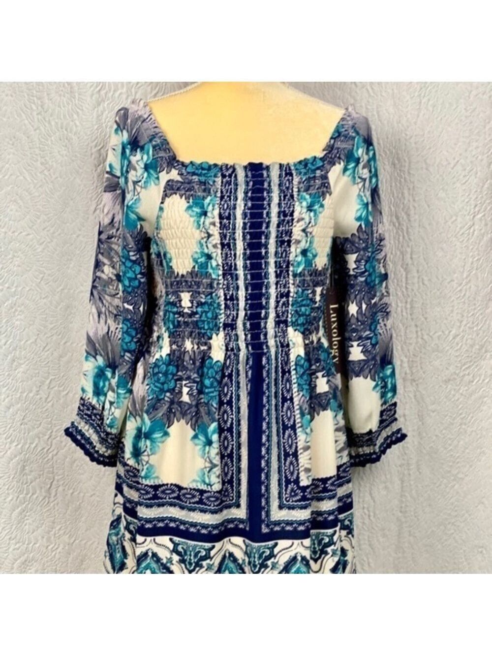 Luxology Smocked Bodice 3/4 Sleeve Midi Fit & Flare Dress - Picture 3 of 12
